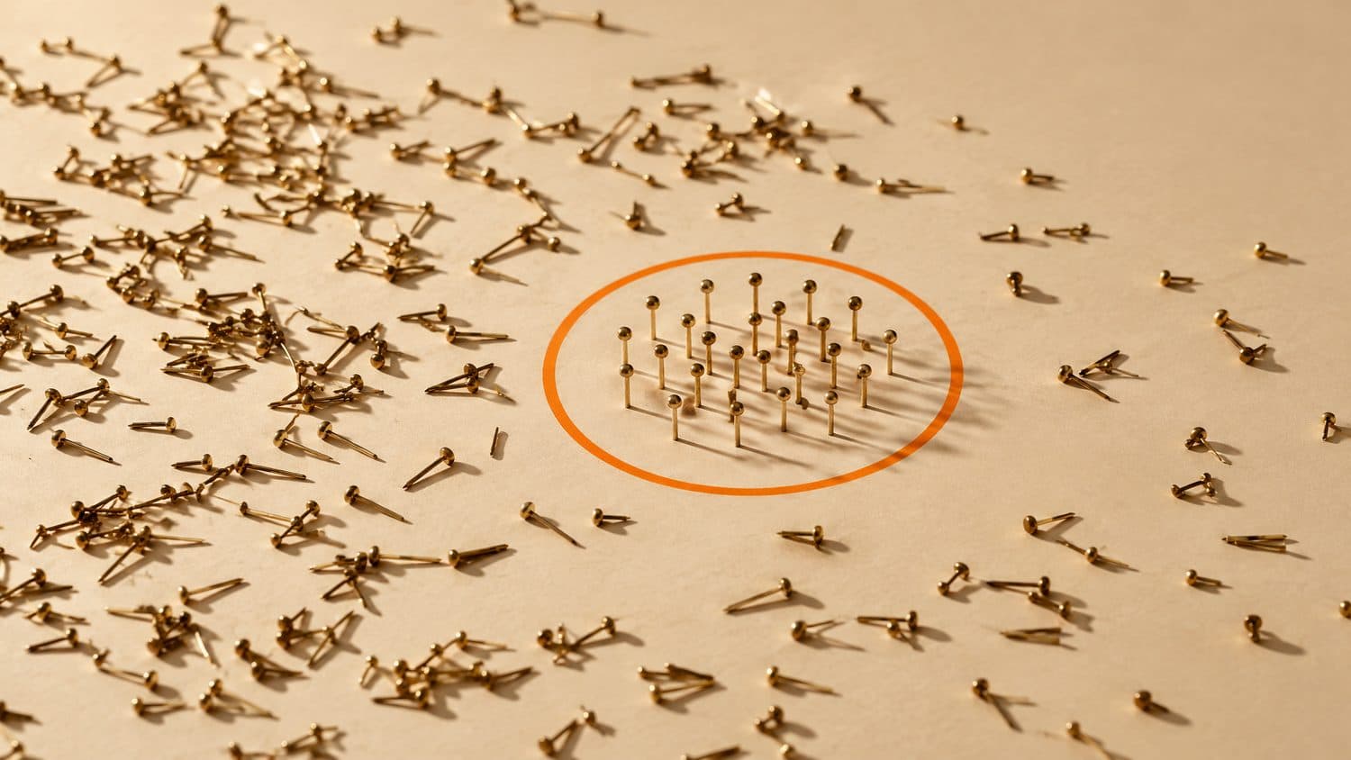 Scattered brass pins on a bone paper sweep, a handful of them standing inside a drawn orange circle.